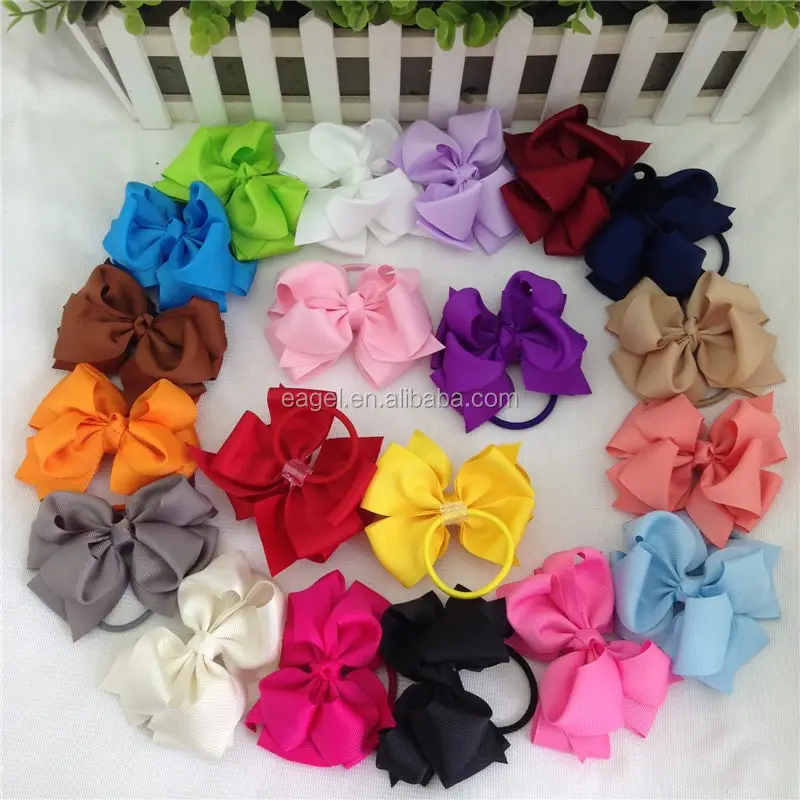 3.5inch High Quality Grosgrain Boutique Hair Bow with Same Color Elastic Headband for Pony Tail Holder for Children in Stock