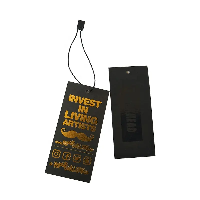 Cheap Custom Design Printing Gold Foil Name Logo Black Paper Clothing Garment Hang Tag with String and Eyelet