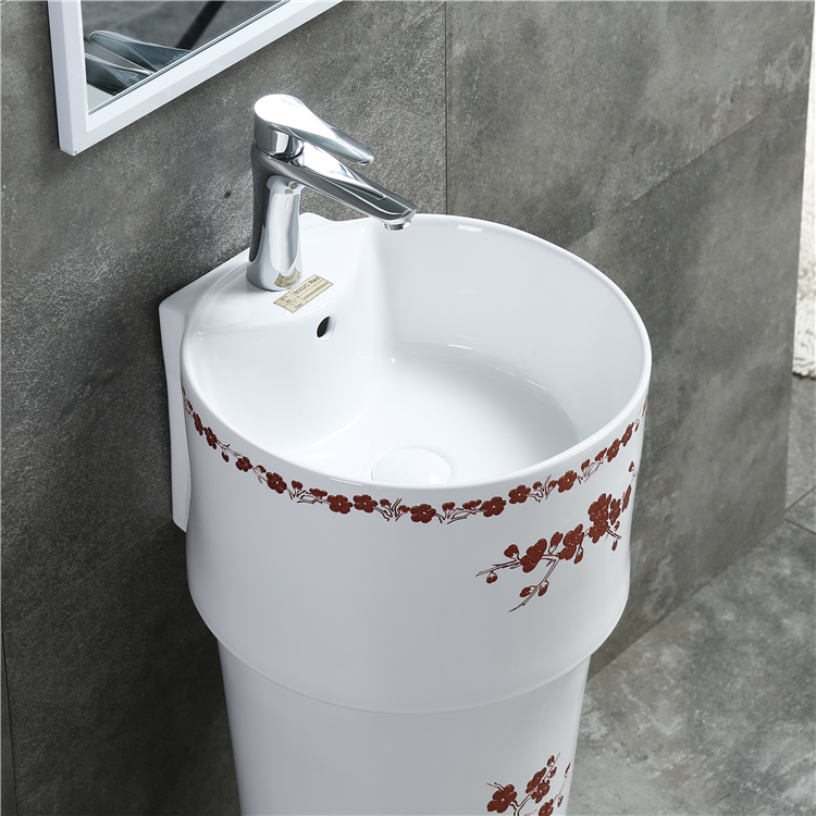 Easy clean single hole decorate ceramic flower floor standing wash freestanding basin