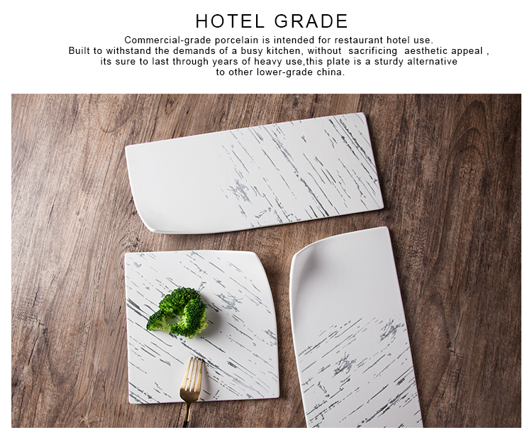 Durable Hotel Porcelain Flat Food Tray Modern Ceramic Marble Design Plate