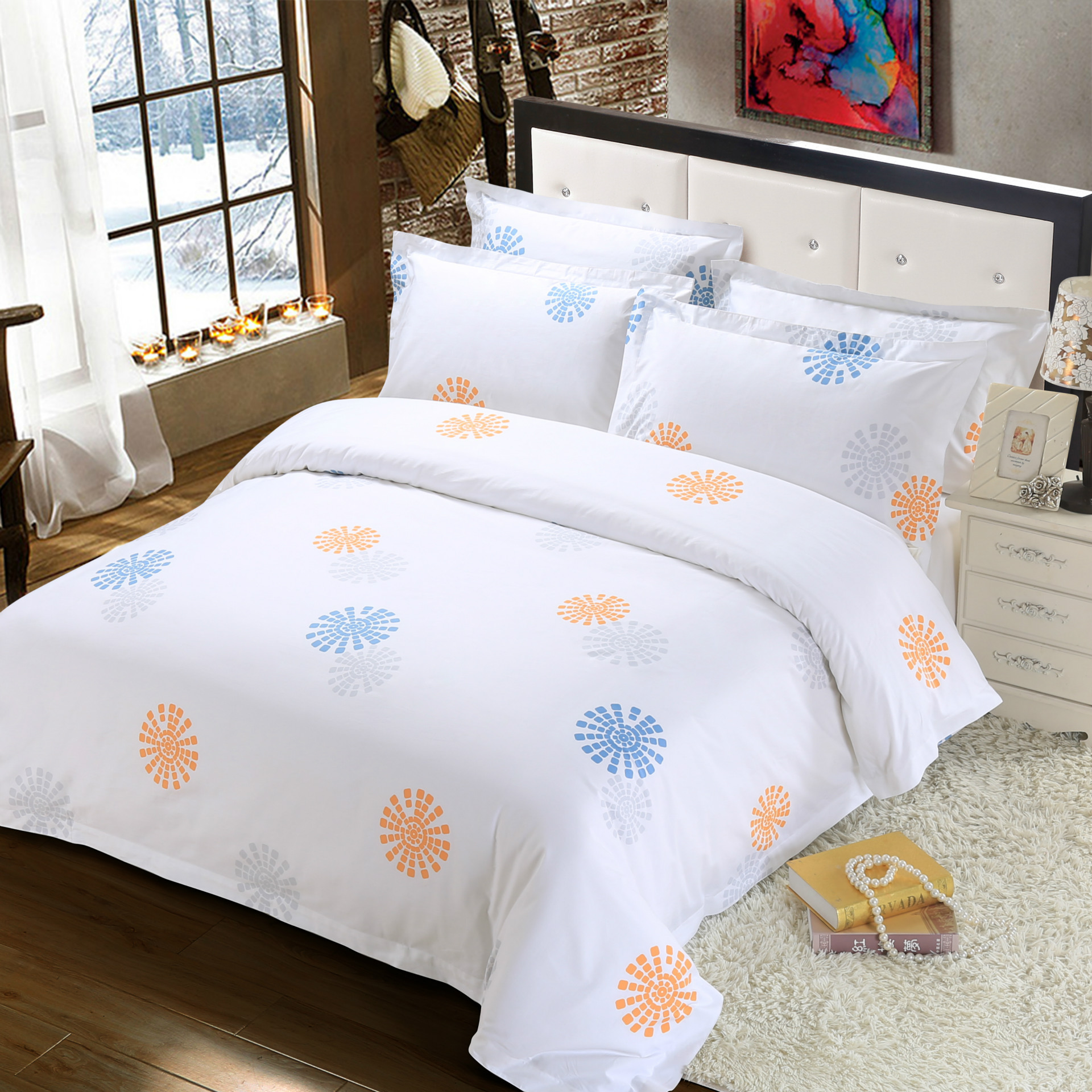 Luxury White linen 7 Piece Duvet Set, Silky Soft hotel Quality Long-Staple Sateen Cotton bedding set- Printed Percale Sheet Set