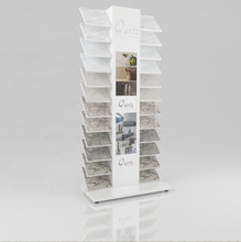 metal cutting logo Quartz stone sample display racks customized stone tower stand for showroom