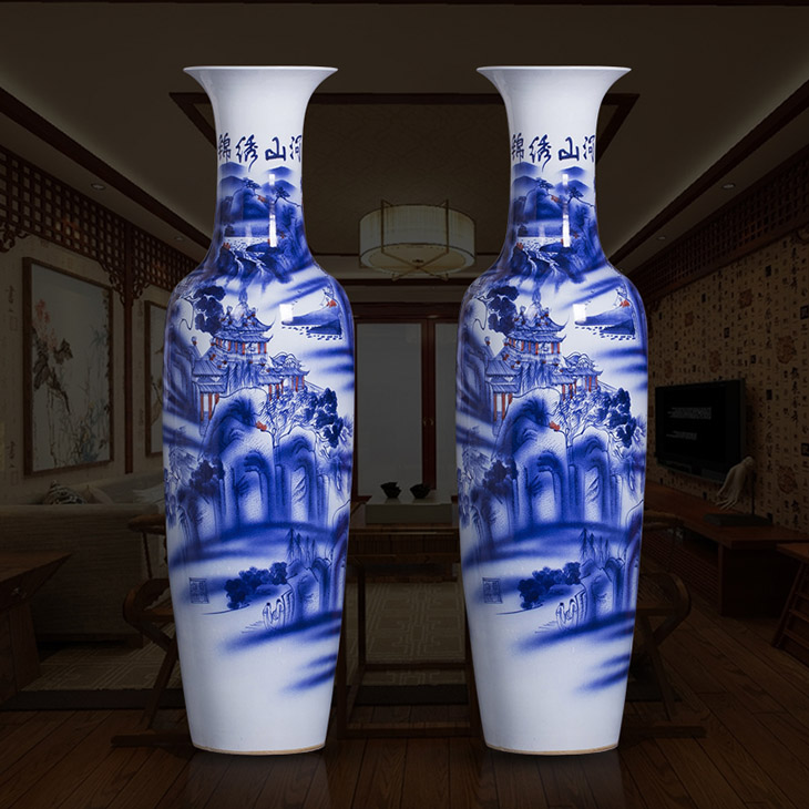Hot sale delicate chinoiserie hand painted ceramic vases oversized porcelain blue and white floor vase