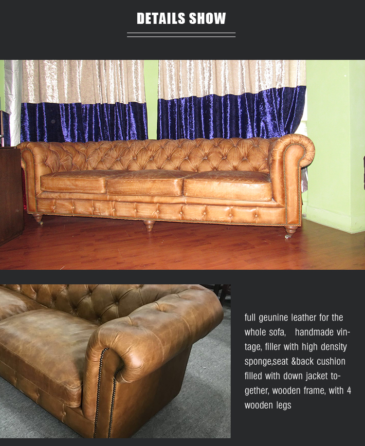 Foshan factory bespoke tan leather sofa chesterfield living room sofa couch tufted buttons