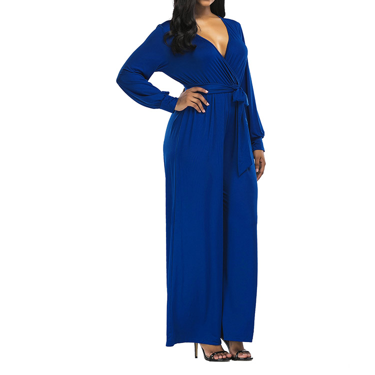 Sample Accepted Deep V Front Wrap Woman Ladies Wide Leg Jumpsuit With Waistband