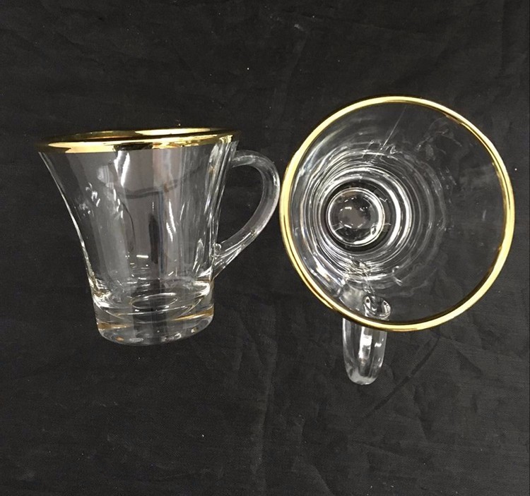 glass coffee mug with gold rim