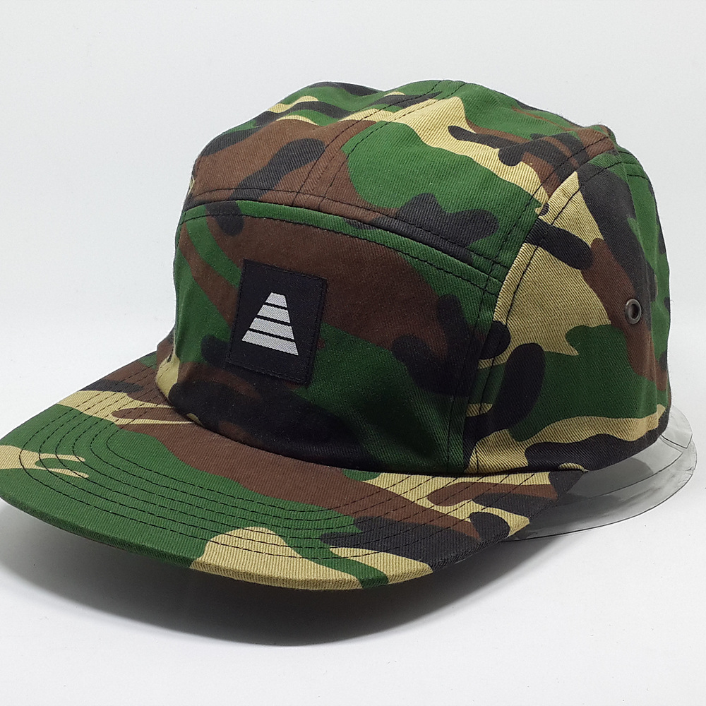 Popular product polyester camo fabric leather strap camp 5 panel hat caps hats neon trucker hat