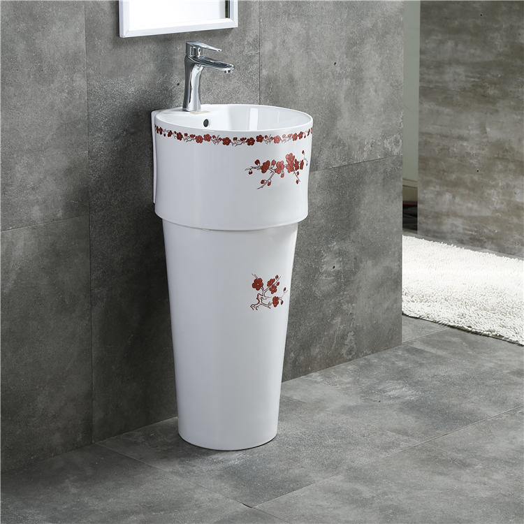 Easy clean single hole decorate ceramic flower floor standing wash freestanding basin