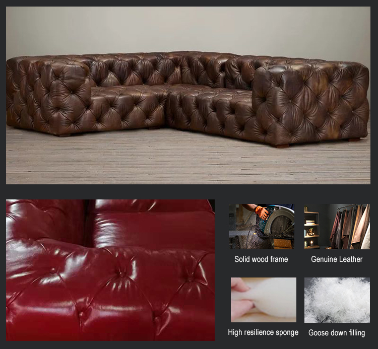 hotel furniture chesterfield sofa set vintage genuine leather L shape sectional sofa living room corner sofa set