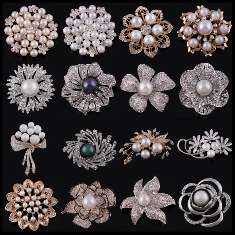 Custom High Quality Gold Silver Jewelry Metal Brooches For Clothes Pearl Rhinestone Flower Brooch Pins For Women