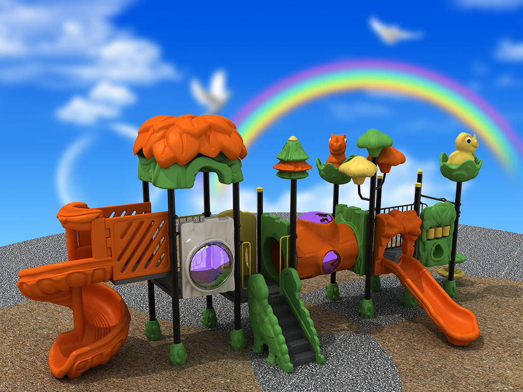 kindergarten children outdoor playground with plastic slide and swing for kids