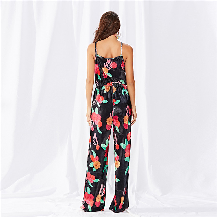 Sample Accepted Autumn Winter Spaghetti Strap Velvet Side Split Long Pants Women Ladies Floral Jumpsuits
