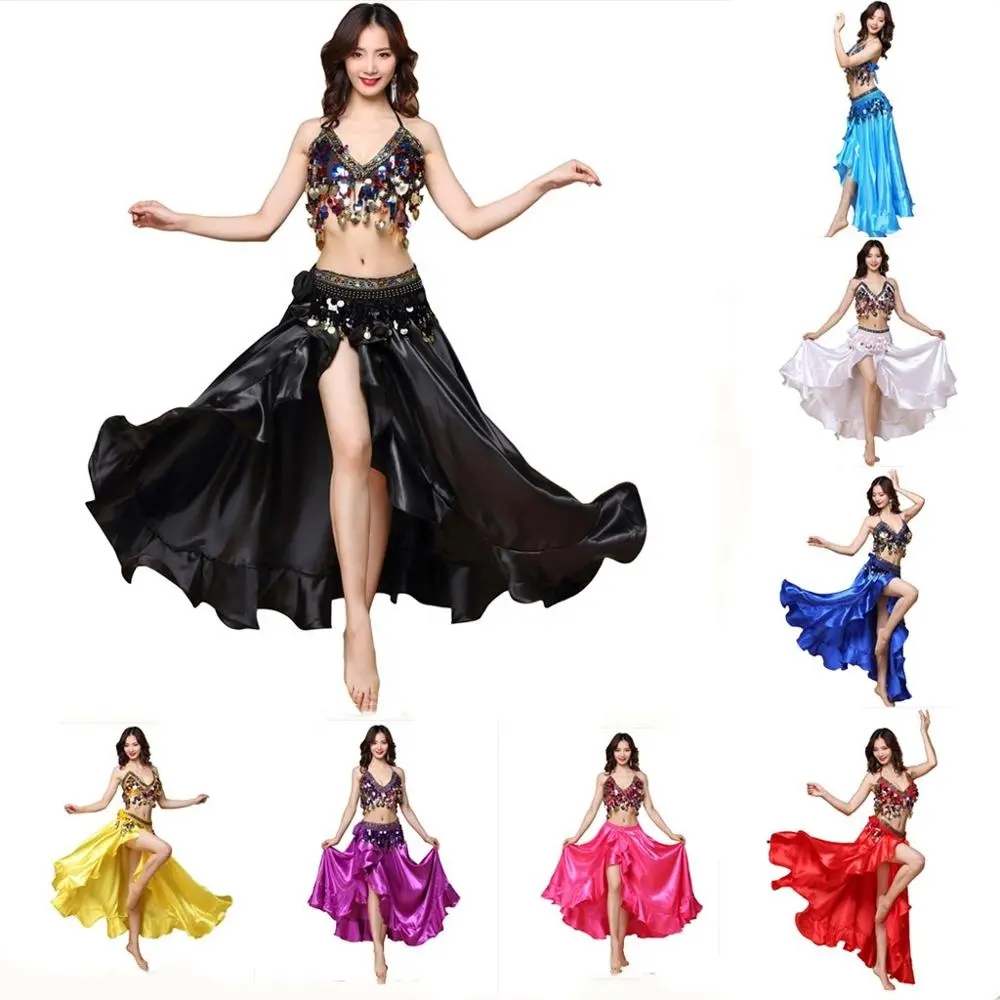 Bestdance Women Split wave Skirt Belly Dance Skirt Satin Long Skirt Belly Dance Costume Set