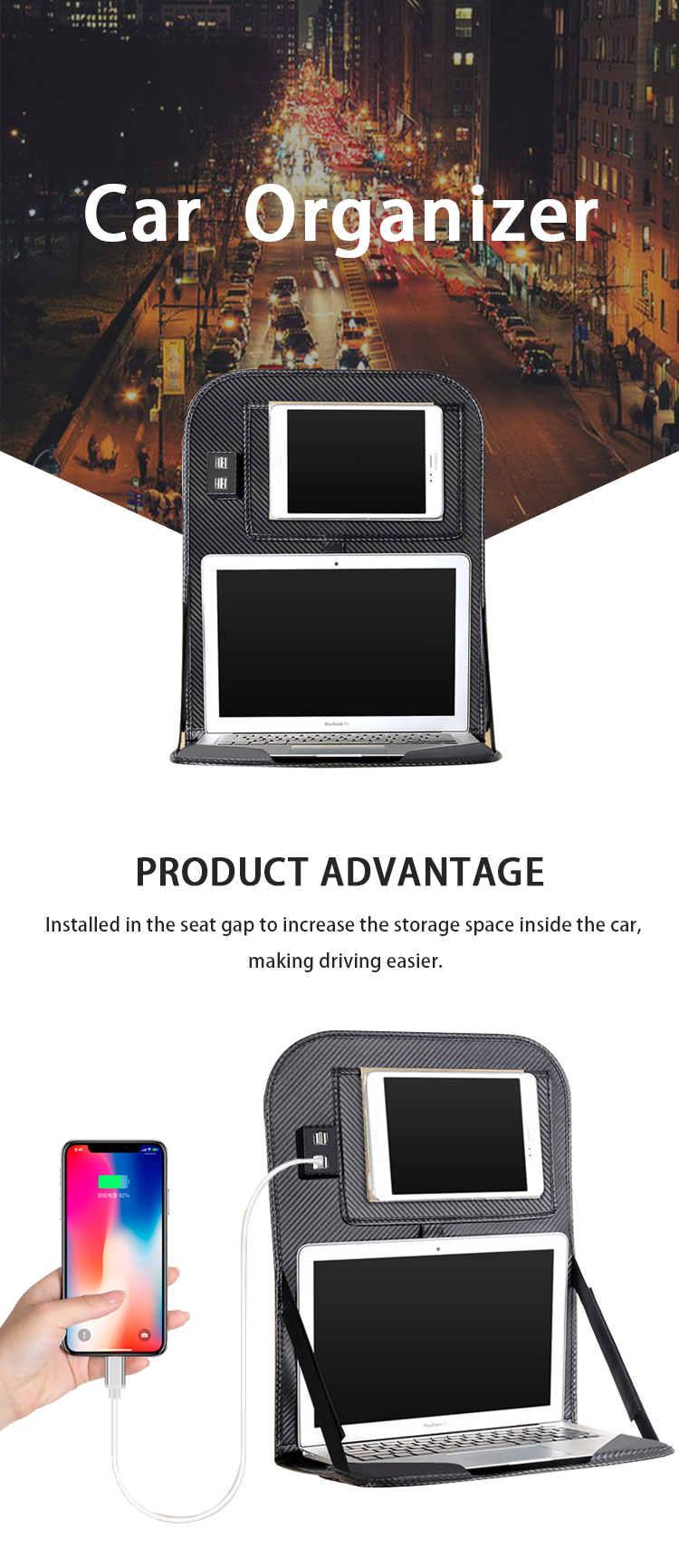 SN-Y-062 car backseat Tablet 4 USB Charger Storage pocket Foldable Laptop Holder Tray car Seat back Organizer