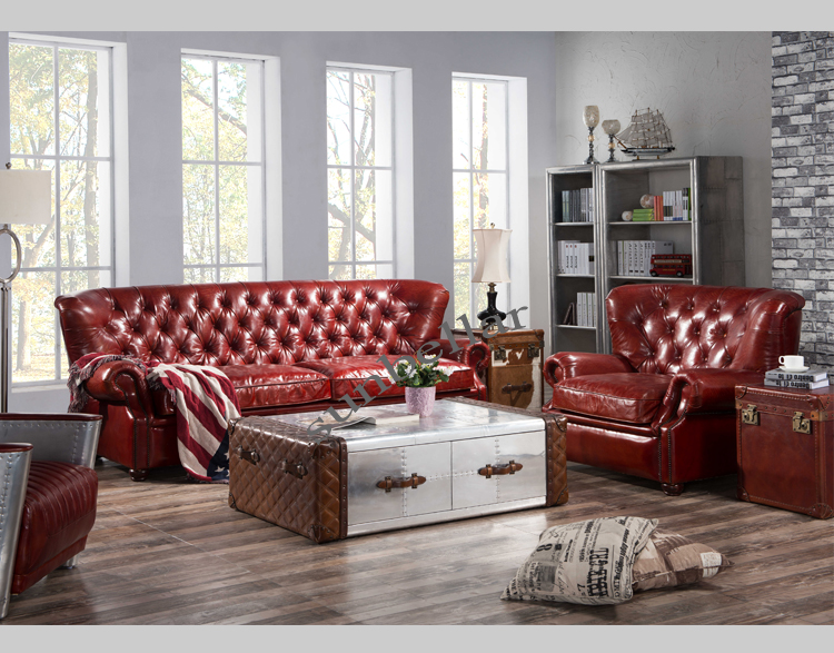 European vintage style leather sofa set high back genuine leather tufted chesterfield luxury high end living room sofas