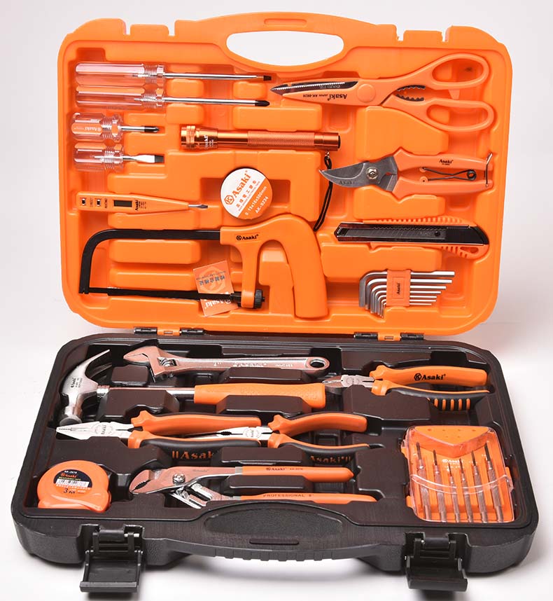 Asaki 34pcs Hand Tool Set Hardware Adjustable Spanner Pliers Screwdriver Hacksaw Frame Flashlight Claw Hammer Measuring Tape Set