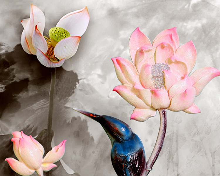Factory Price Lotus Photo 3D Wall Mural Oil Painting By Numbers Kits Wholesale