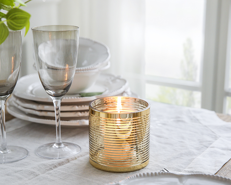 Bixuan Glass Hurricane Candleholders with Unique Golden Striped Decor Cylinder Wedding Vases Dining Table Centerpieces, 3.9'' H