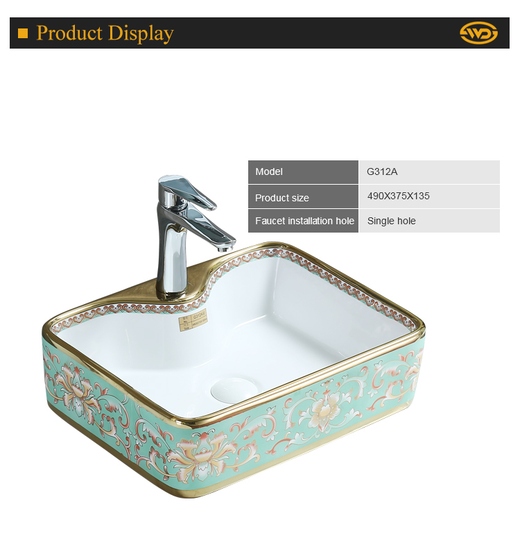 Best sellers single hole rectangle green printing ceramic bathroom art sinks porcelain China basins color wash basin