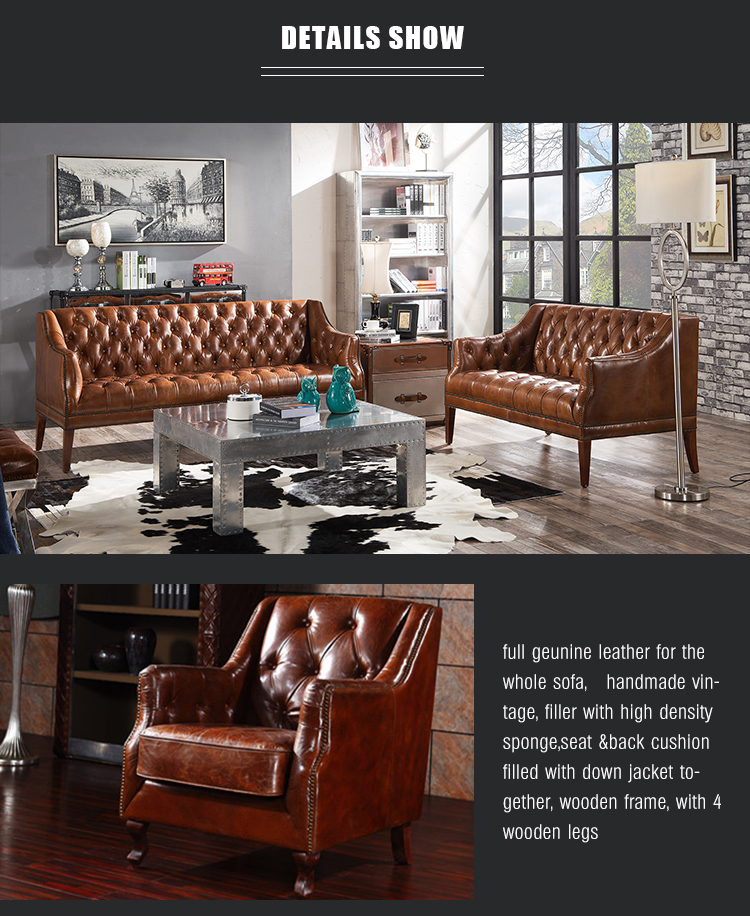American Retro vintage chesterfield sofa tufted buttons back genuine leather sofa set 123 for living room hotel clubs and office