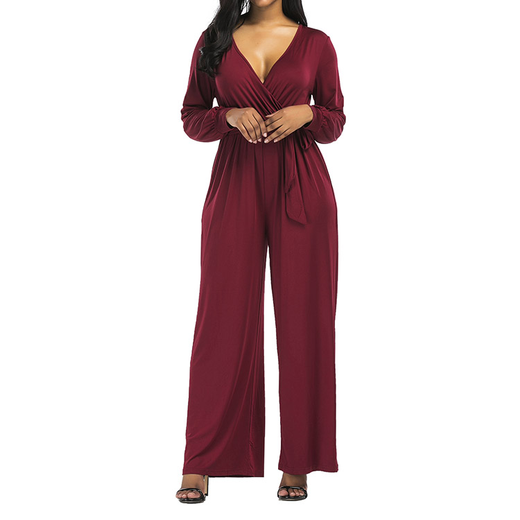 Sample Accepted Deep V Front Wrap Woman Ladies Wide Leg Jumpsuit With Waistband