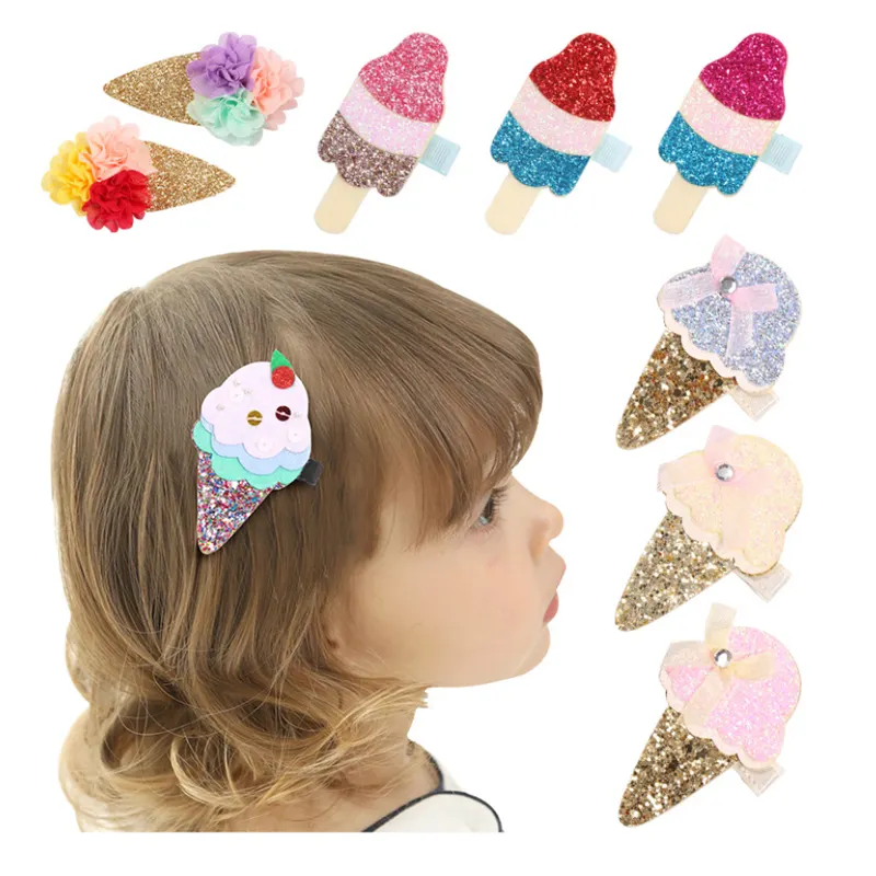 Cute Food Girl Barrette Glitter Cup Cake Girls Hair Clip with Sequins Pastel Pink Cone Ice