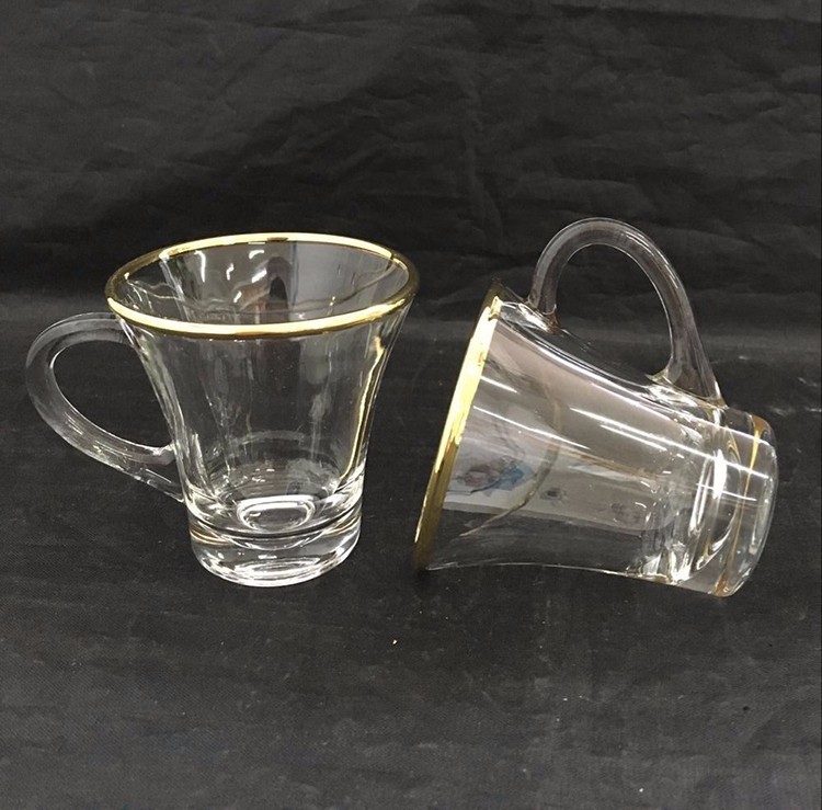 glass coffee mug with gold rim