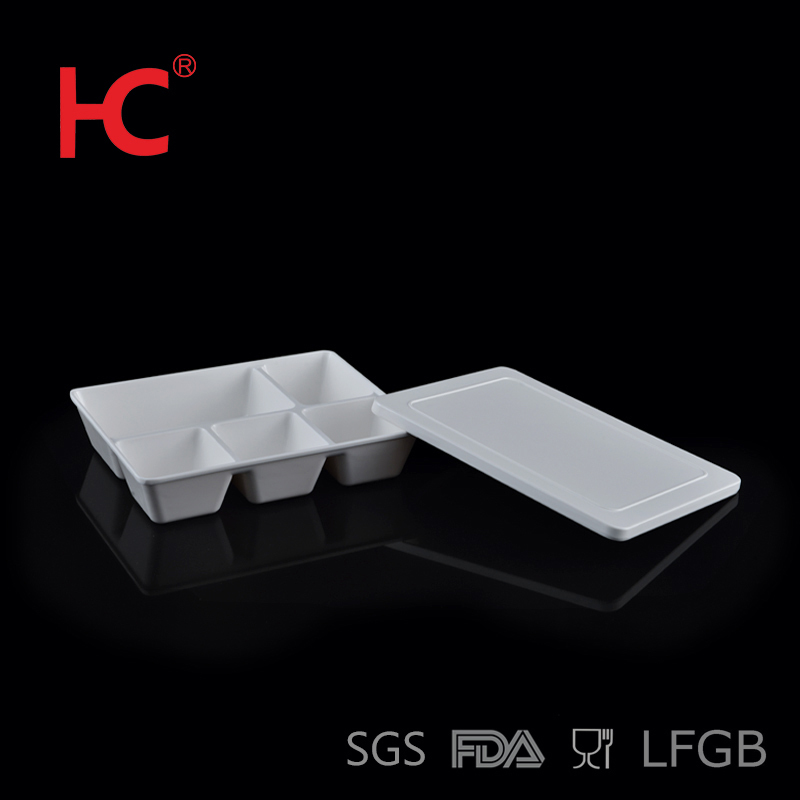 High quality 5 compartment plate with lid melamine plate with cover