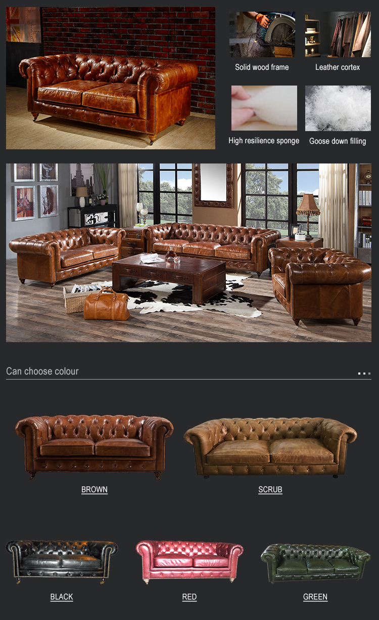 Bespoke office sofa love seat vintage distressed leather classic chesterfield style sofa couch tufted buttons British design