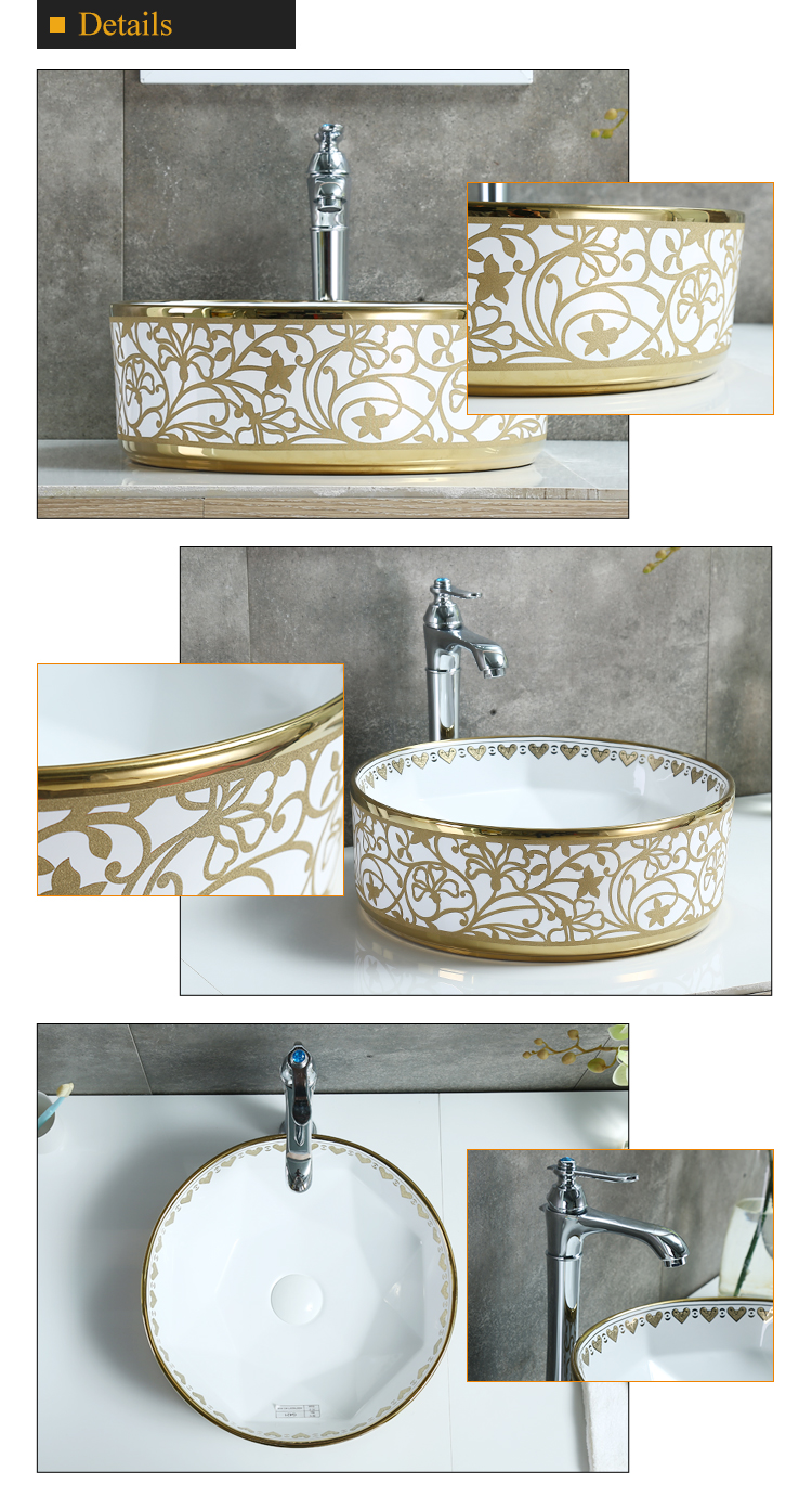 Wide use easy clean round single hole gold electroplate art ceramic counter tops wash lavabo basin