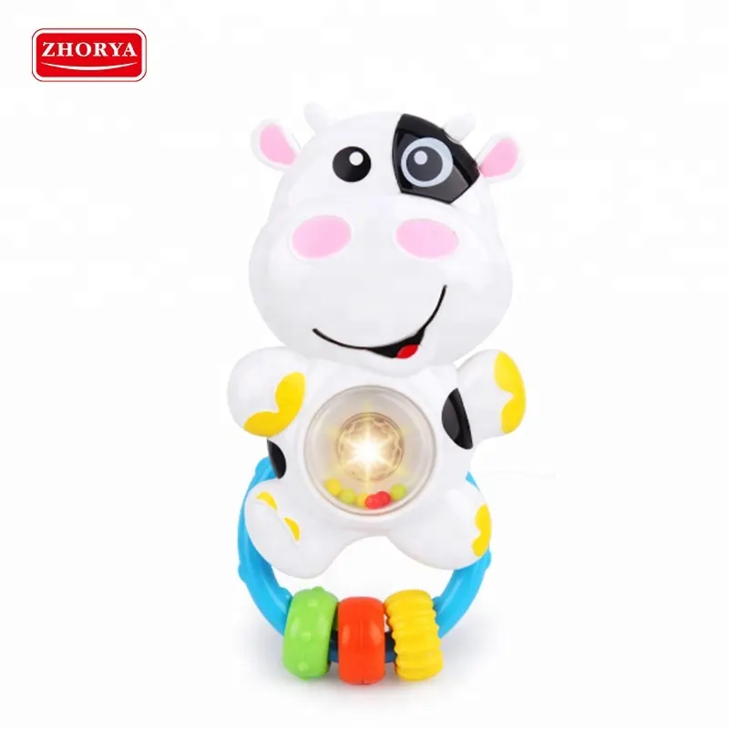 Zhorya cartoon cow soft lighting music hand bell toys baby rattle with tie card