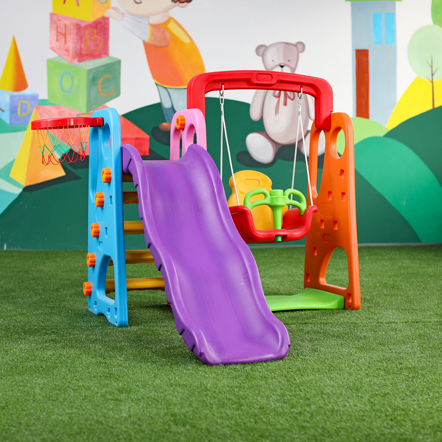 3 IN 1 plastic slide with swing set indoor China popular design Kindergarten playgrounds baby 3 in 1 slide with swing