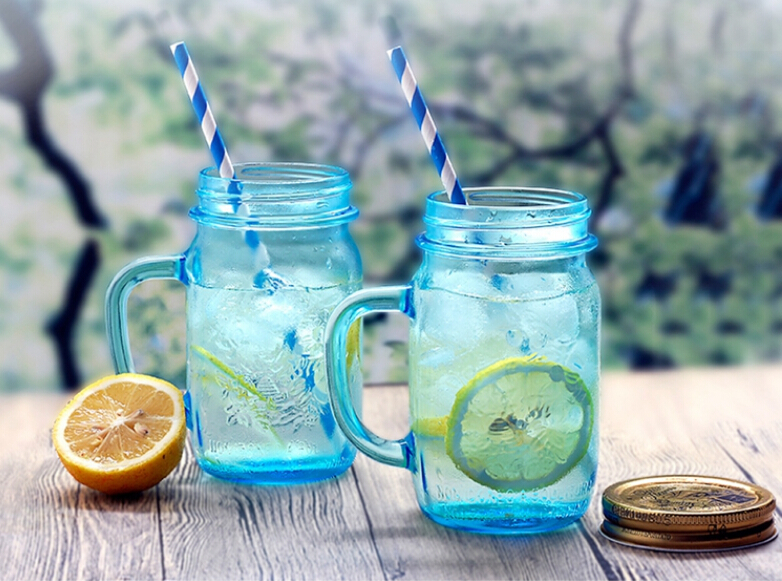 Custom Wide Mouth Glass Mason Jar With Handle Straw Storage Jar