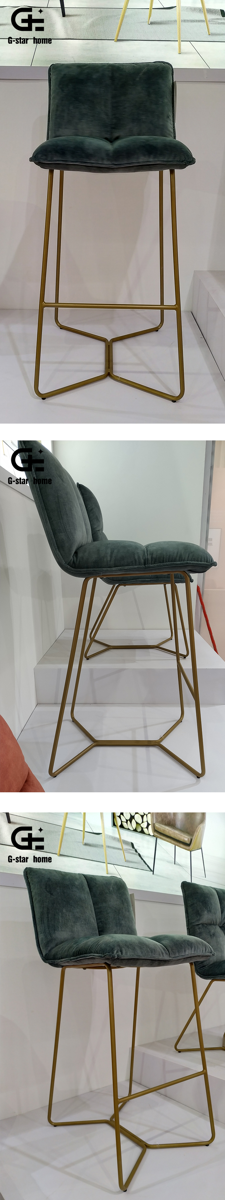 Green velvet bar stool chair with golden metal legs