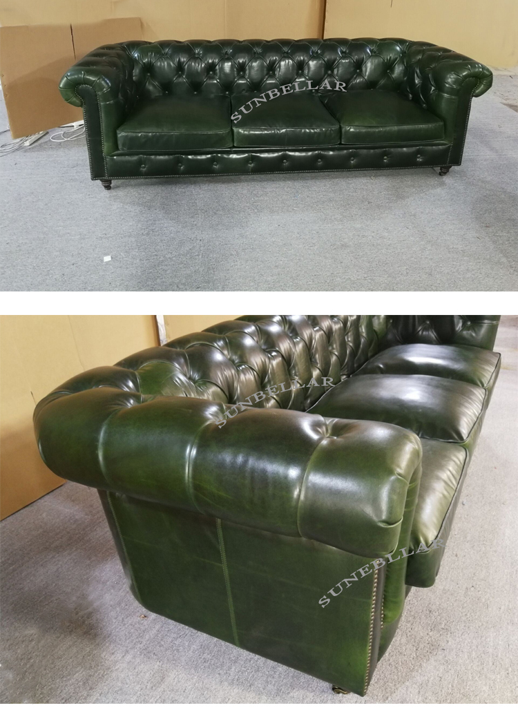 customized hotel sofa top grain leather chesterfield sofa set luxury living room sofa button tufted leather vintage green
