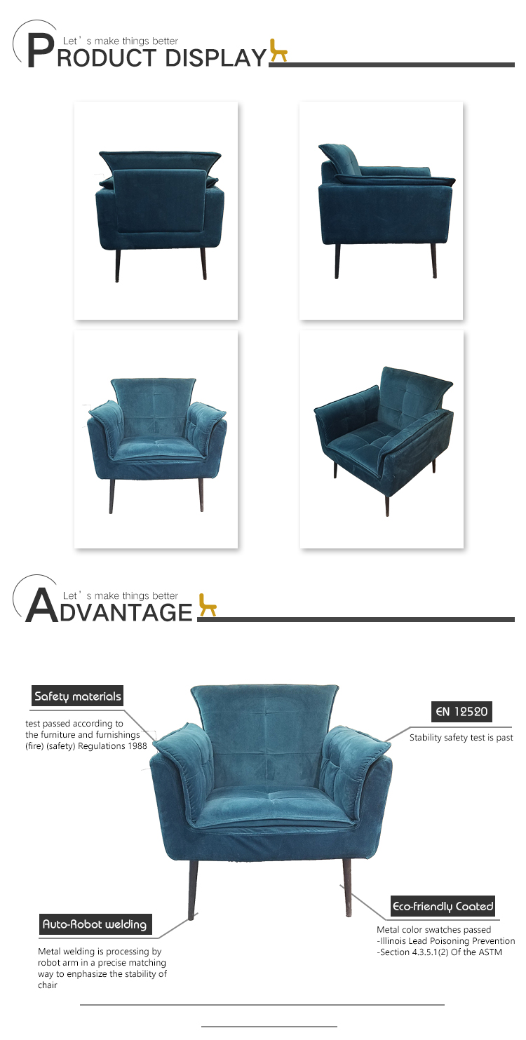 Modern Home Furniture Armchair Blue Velvet Mid Century Lounge Chair for Living Room Sofa Chair