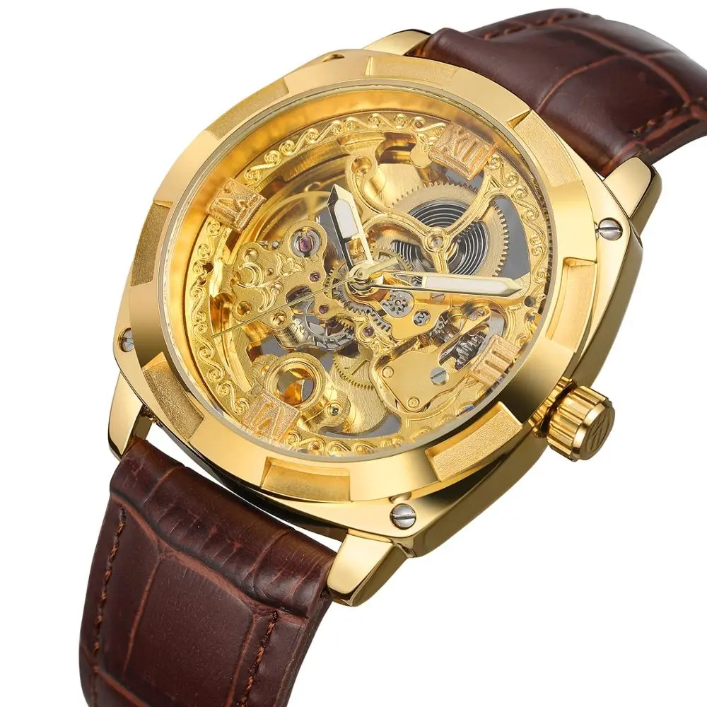 Forsining 2018 Latest Age Automatic Watch Men Black Leather Strap Gold Skeleton Luxury Men WristWatches Relogio Masculino