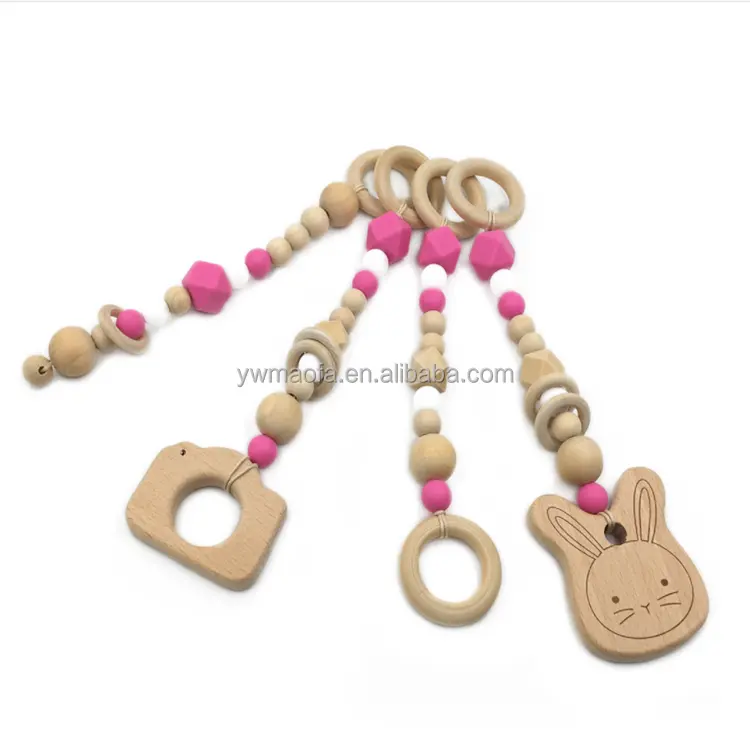 Wholesales Baby Play Gym Stroller Toy Infant Teether Chewable Beads DIY Craft Wooden Ring Teething Toys