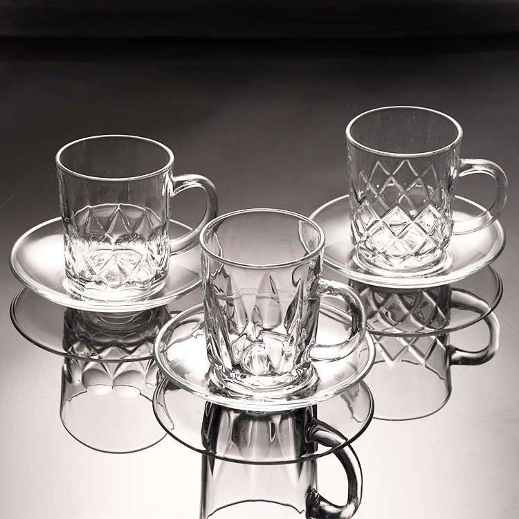 Haonai clear glass tea coffee set clear glass coffee cup with saucer with embossed design