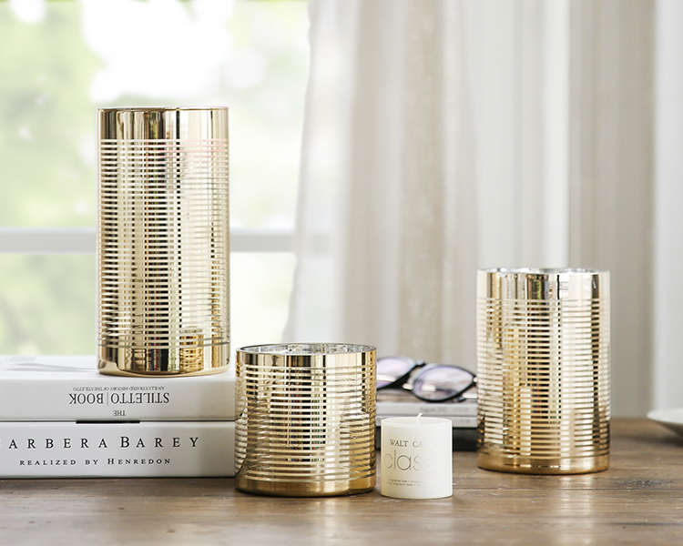 Bixuan Glass Hurricane Candleholders with Unique Golden Striped Decor Cylinder Wedding Vases Dining Table Centerpieces, 3.9'' H