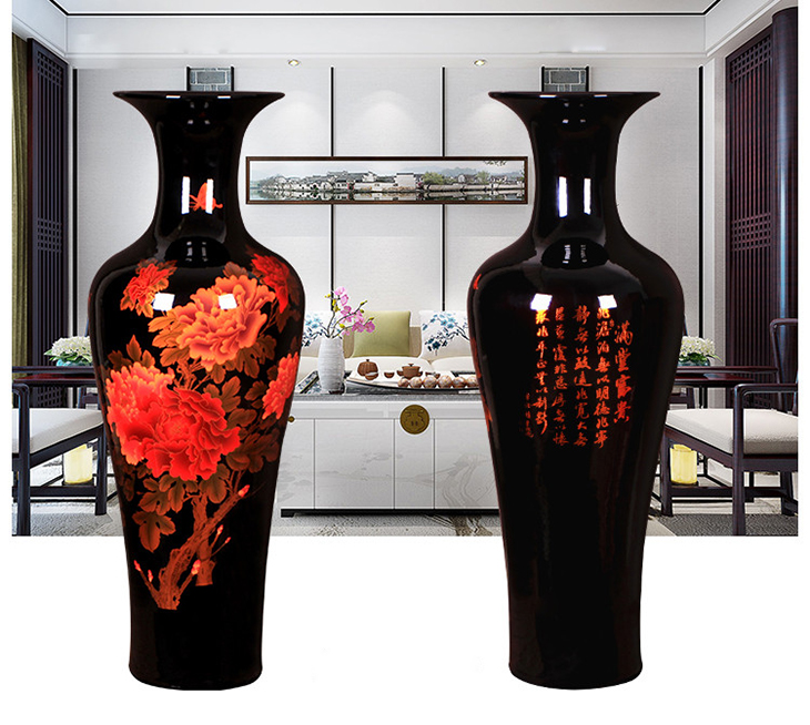 Handmade black flower design glazed ceramic unique tall floor large vase