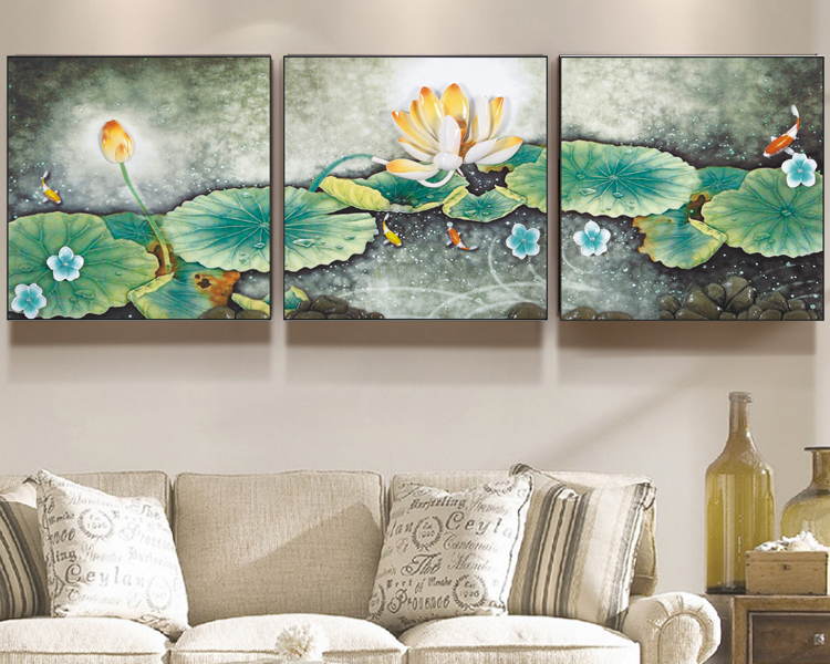 60*60CM 3 Panels Lotus Pond Art Embossment Oil Painting
