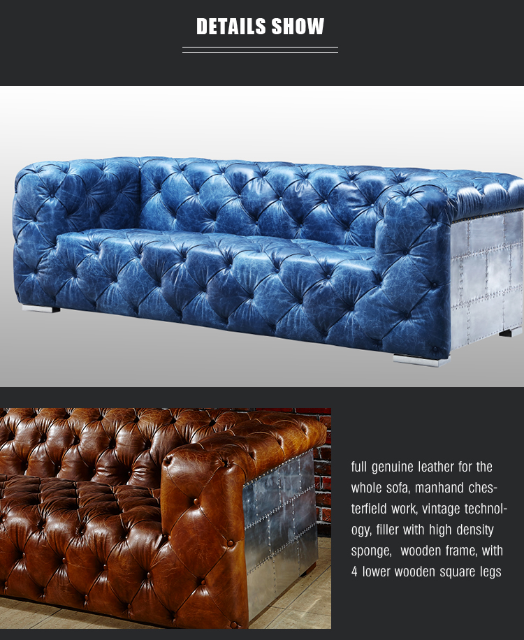 Foshan Factory industrial aviation style sofa Aluminium chesterfield genuine leather sofa antique aviator furniture