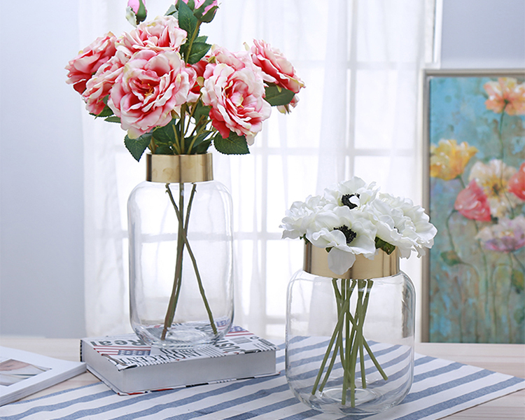 Bixuan Vases Clear Glass Flower Arrangement Vases Brass Gold Band Decor Dining Table Wedding Centerpieces, 11.8'' H x 4.7'' D