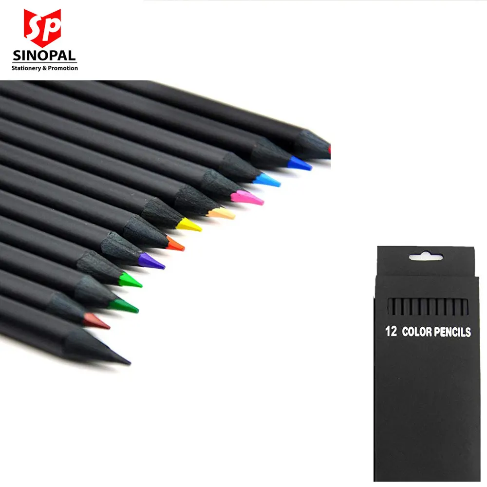 Cheap cost 12 colors Eco friendly black wood color pencil for drawing