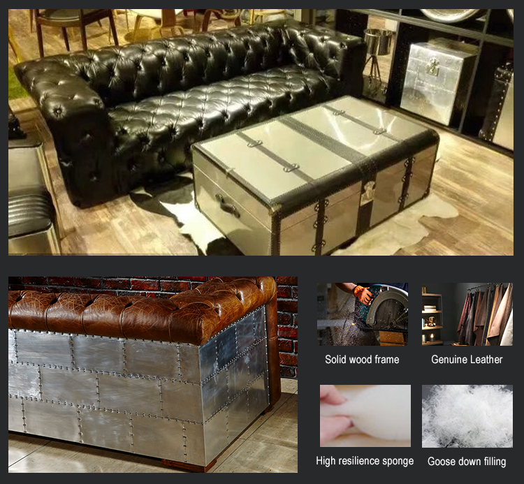 Foshan Factory industrial aviation style sofa Aluminium chesterfield genuine leather sofa antique aviator furniture