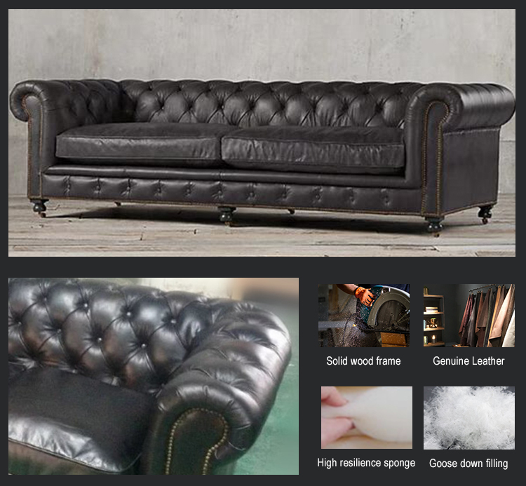 Foshan factory black leather chesterfield sofa love seat tufted back style upholstery home furniture