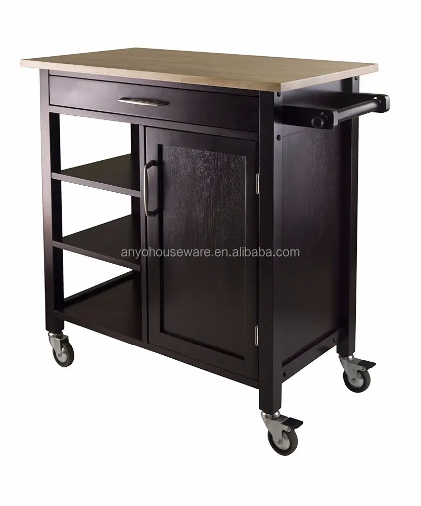 Rubber Wood Top Kitchen Trolley with 4 carts and dark color