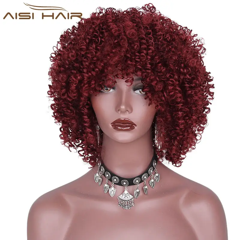 Aisi Hair Synthetic Short Bob Style Afro Kinky Curly Wigs Wine Red Wigs For Black Women High Temperature Fiber