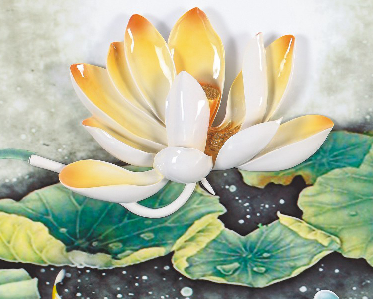 60*60CM 3 Panels Lotus Pond Art Embossment Oil Painting